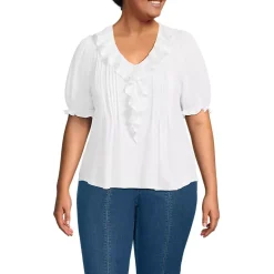 Women's Puff Sleeve Slub Ruffle Pintuck Top