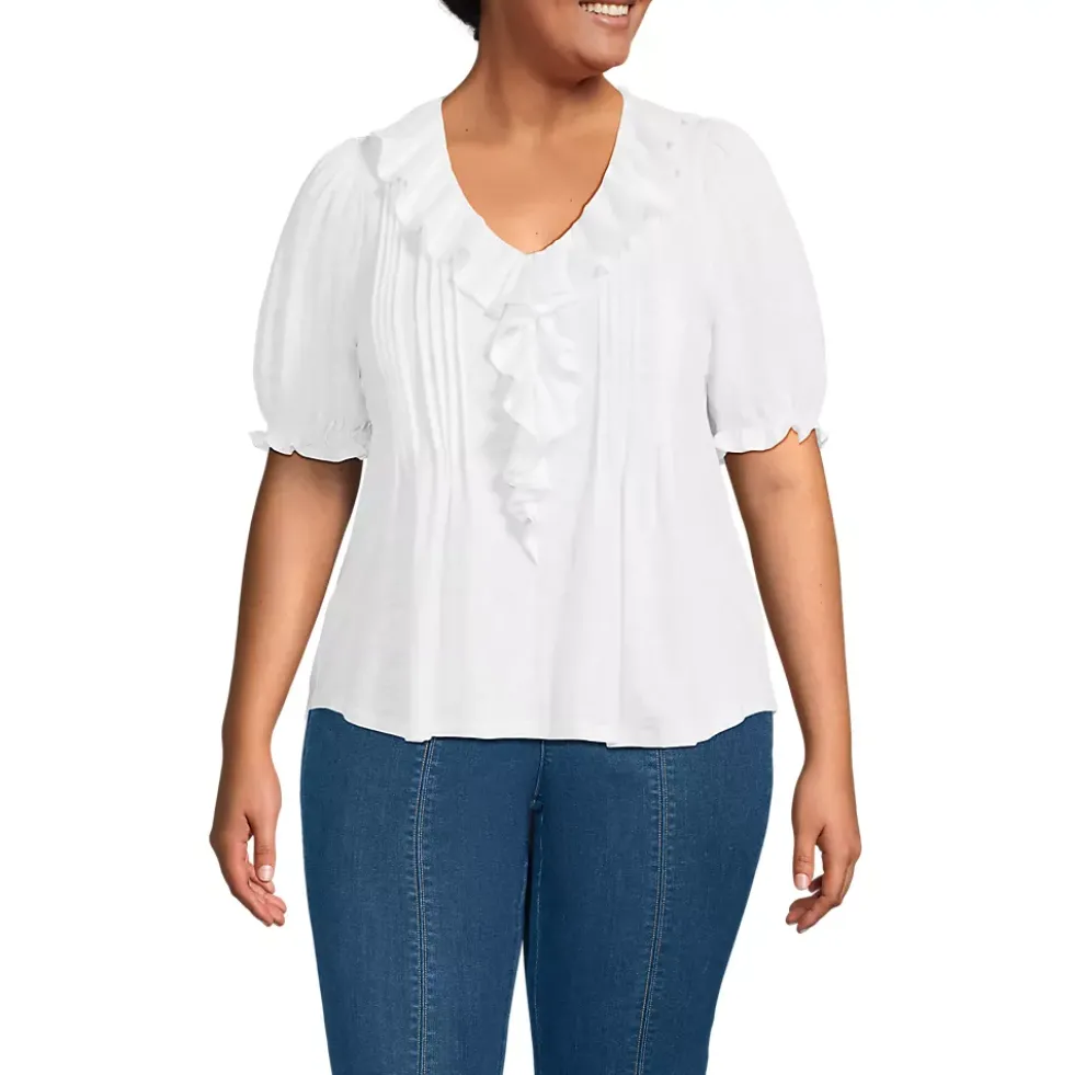 Women's Puff Sleeve Slub Ruffle Pintuck Top