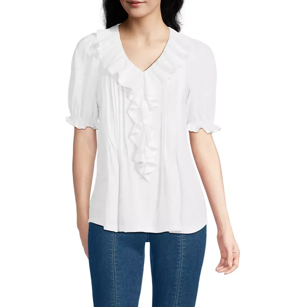 Women's Puff Sleeve Slub Ruffle Pintuck Top
