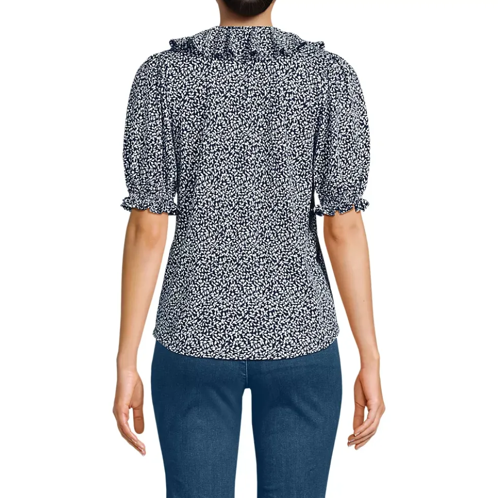 Women's Puff Sleeve Slub Ruffle Pintuck Top