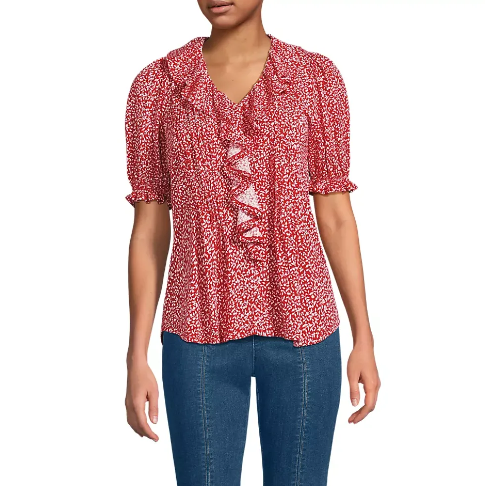 Women's Puff Sleeve Slub Ruffle Pintuck Top