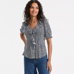 Women's Puff Sleeve Slub Ruffle Pintuck Top