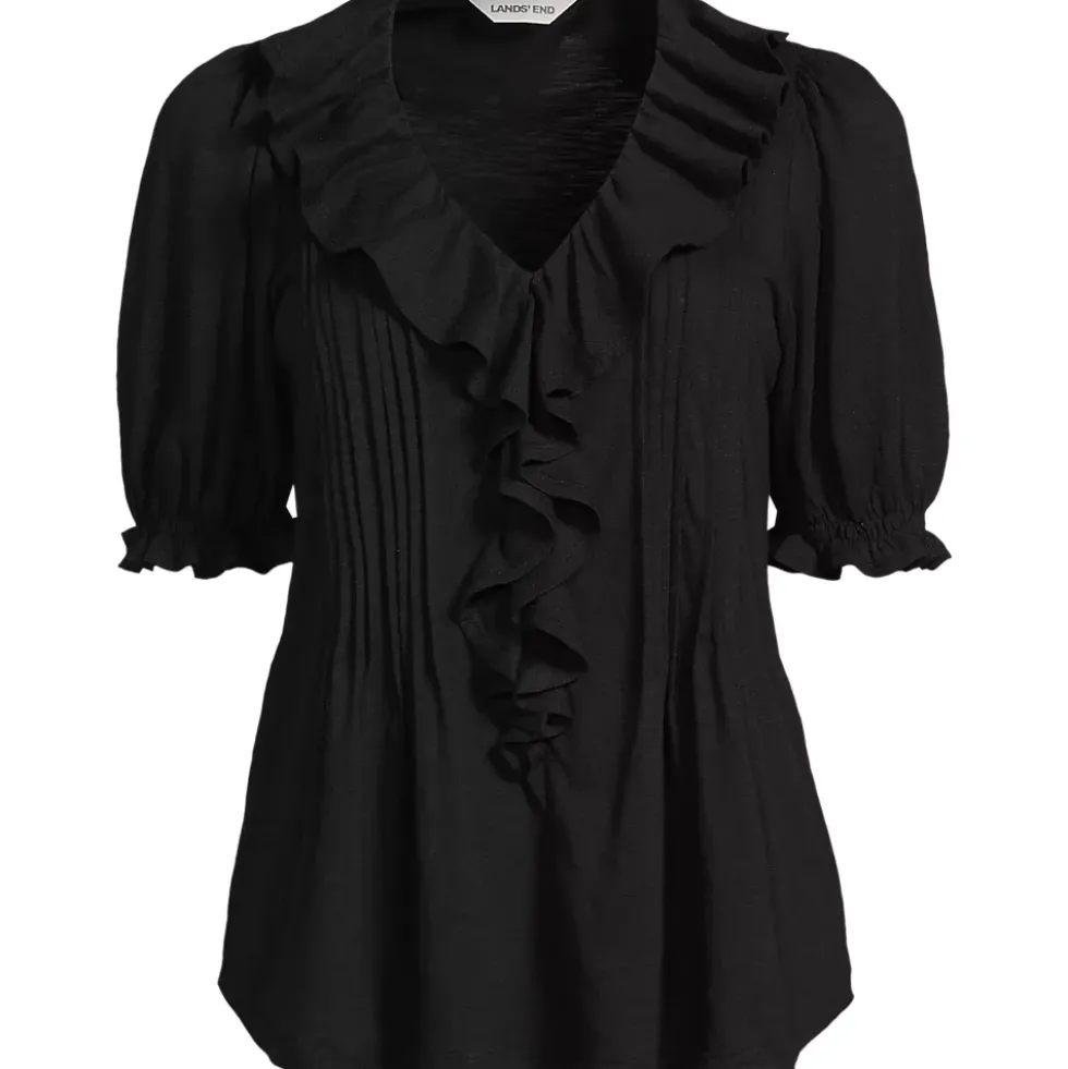 Women's Puff Sleeve Slub Ruffle Pintuck Top