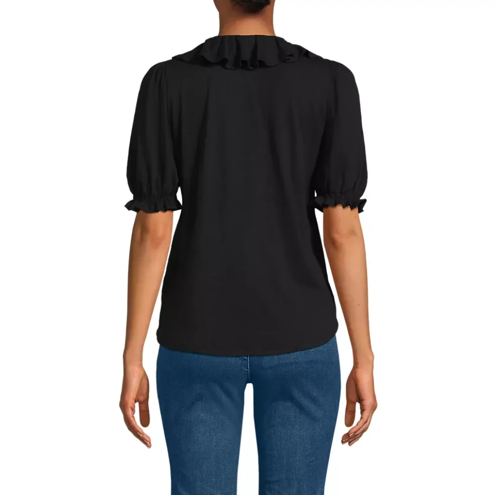 Women's Puff Sleeve Slub Ruffle Pintuck Top