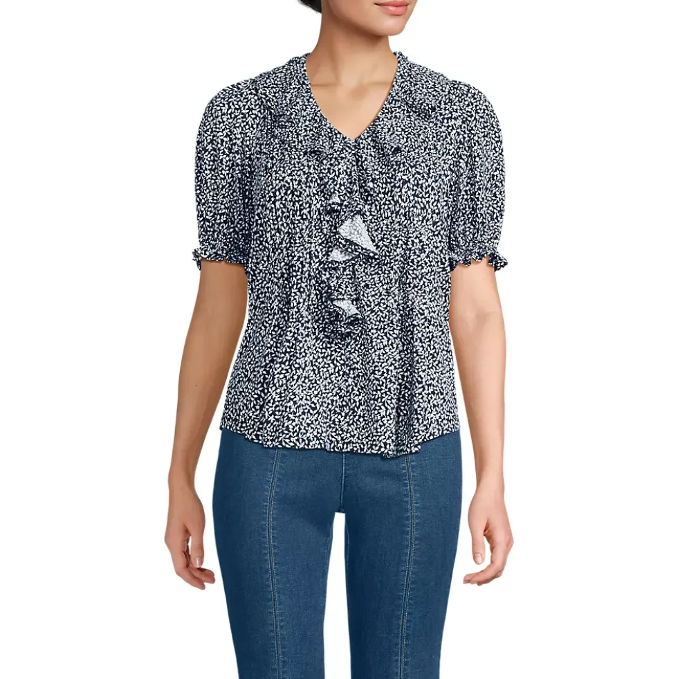 Women's Puff Sleeve Slub Ruffle Pintuck Top