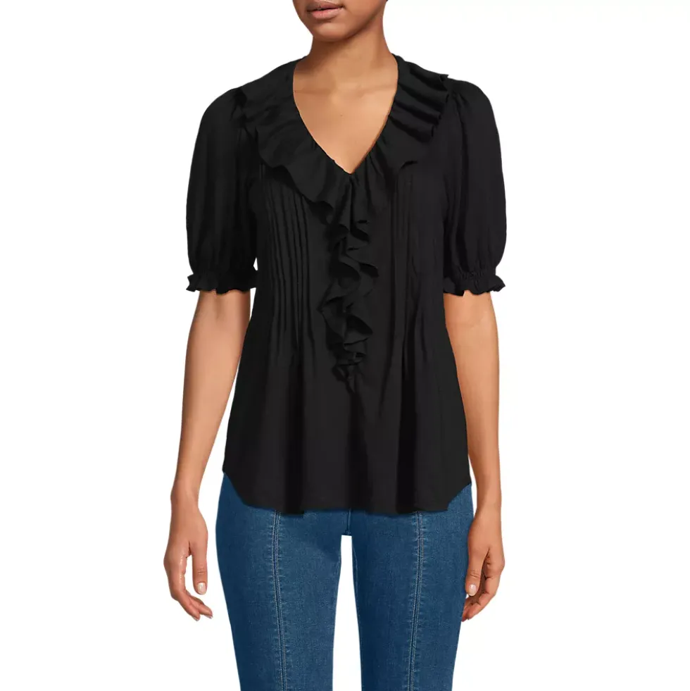 Women's Puff Sleeve Slub Ruffle Pintuck Top