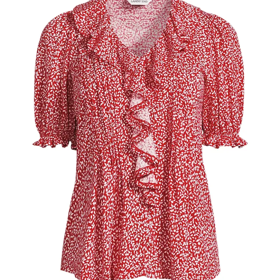 Women's Puff Sleeve Slub Ruffle Pintuck Top