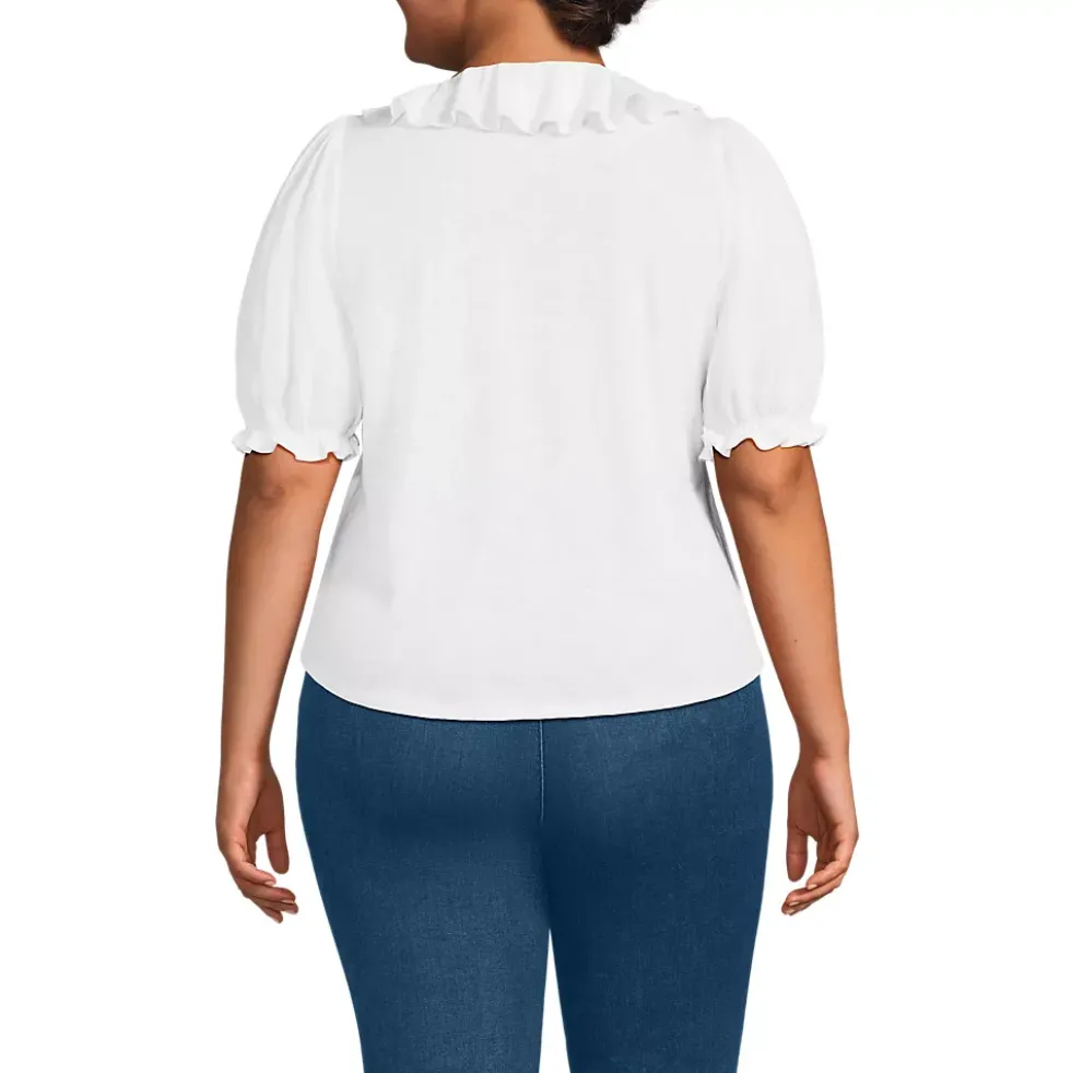 Women's Puff Sleeve Slub Ruffle Pintuck Top