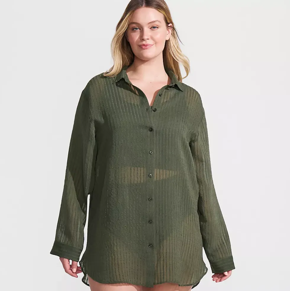 Women's Rayon Rib Button Down Cover-Up