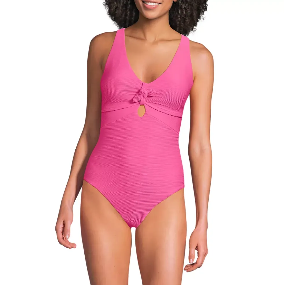 Women's Ribbed Knot Front One Piece Swimsuit