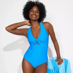 Women's Ribbed Knot Front One Piece Swimsuit