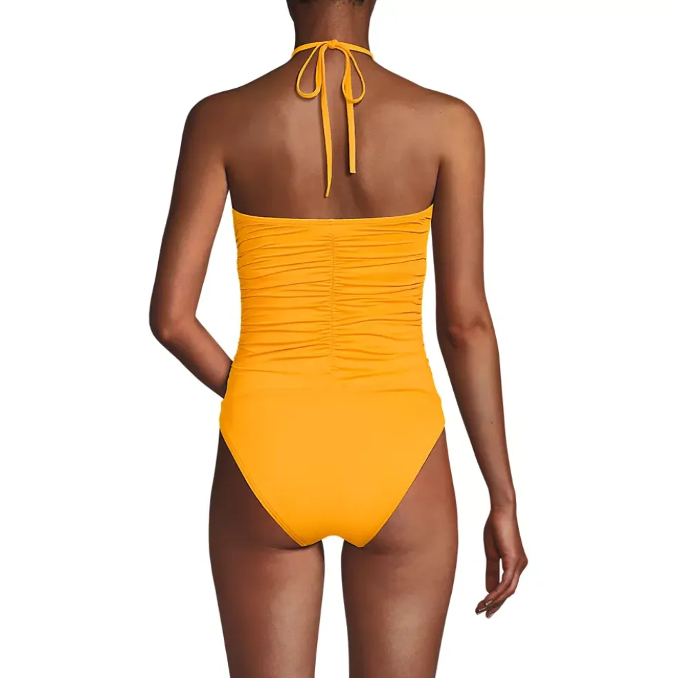 Women's Ruched Multi-Way V-Neck Halter High Leg One Piece Swimsuit