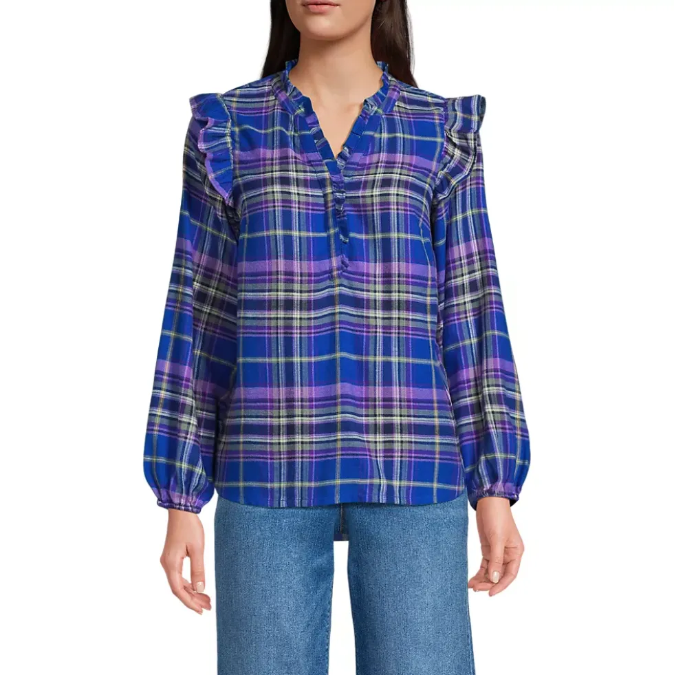 Women's Ruffle Front Flannel Popover Blouse