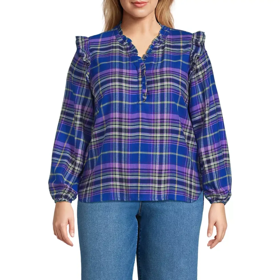 Women's Ruffle Front Flannel Popover Blouse