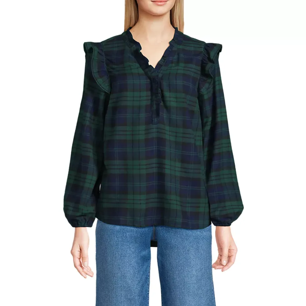 Women's Ruffle Front Flannel Popover Blouse