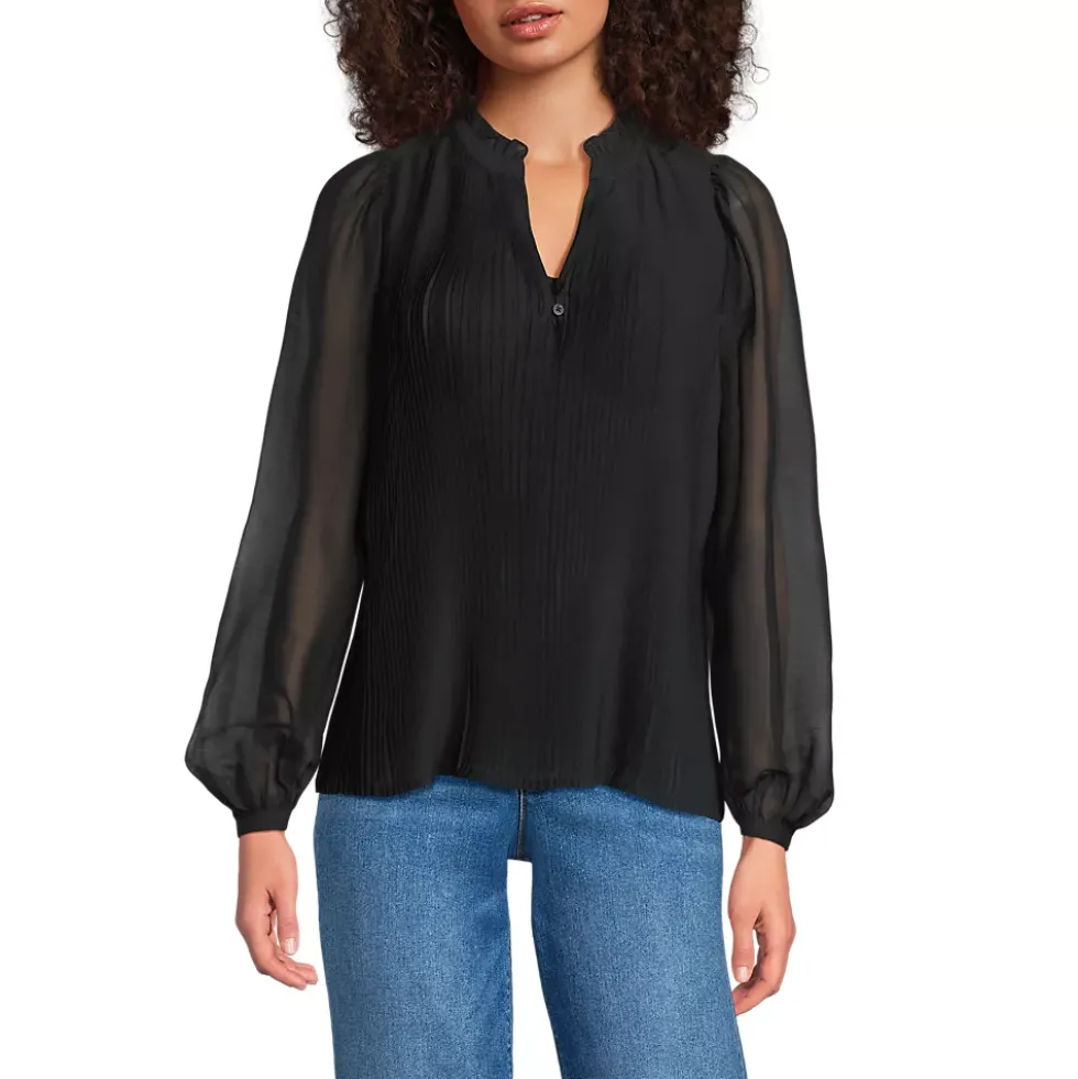 Women's Ruffle Neck Pintuck Sleeve Top