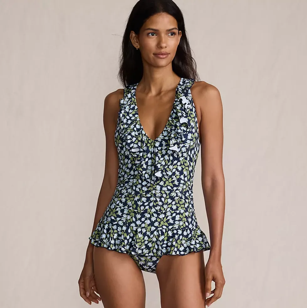 Women's Ruffle Plunge Skirted High Leg One Piece