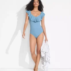 Women's Ruffle V-neck High Leg One Piece Swimsuit
