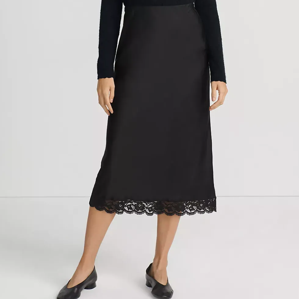 Women's Satin Lace Trim Midi Skirt