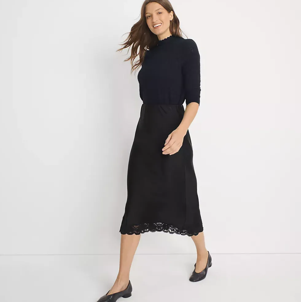 Women's Satin Lace Trim Midi Skirt