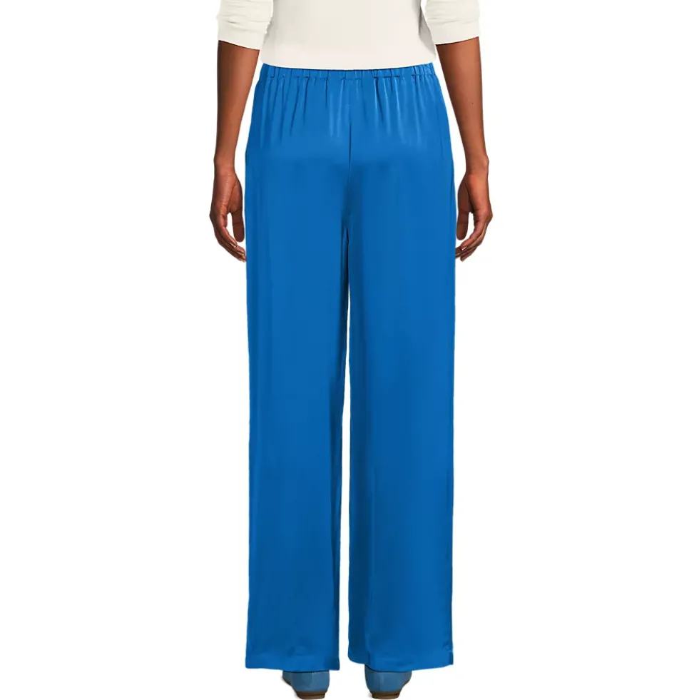 Women's Satin Mid Rise Relaxed Pull On Wide Leg Pants