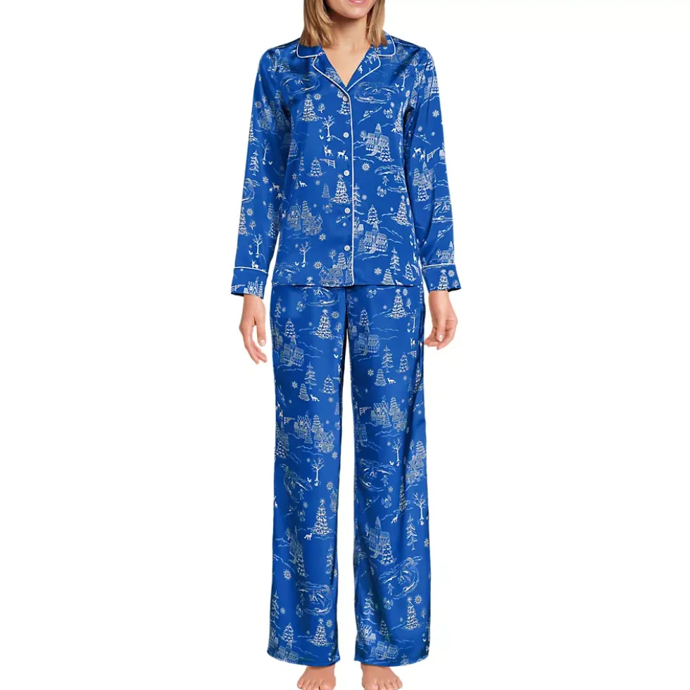 Women's Satin 2 Piece Pajama Set - Long Sleeve Top and Wide Leg Pants