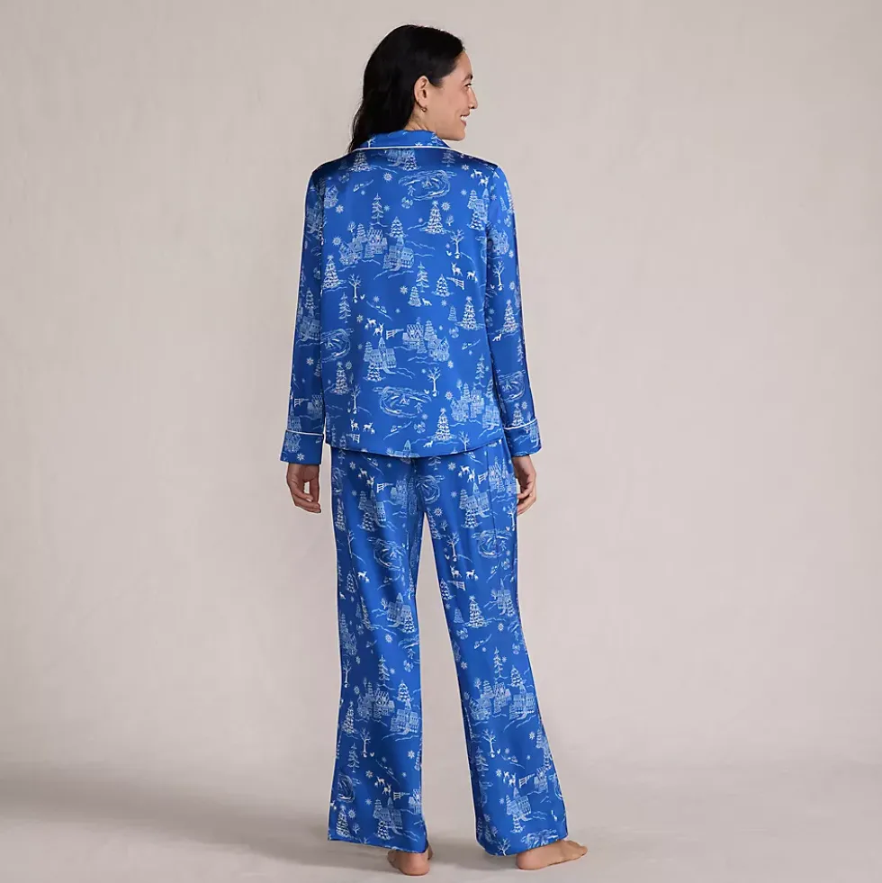 Women's Satin 2 Piece Pajama Set - Long Sleeve Top and Wide Leg Pants