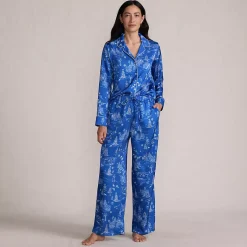 Women's Satin 2 Piece Pajama Set - Long Sleeve Top and Wide Leg Pants