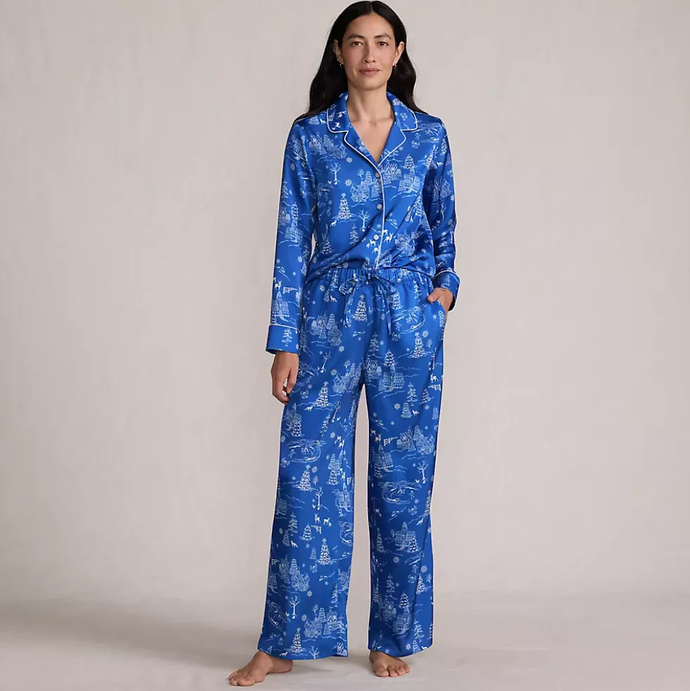 Women's Satin 2 Piece Pajama Set - Long Sleeve Top and Wide Leg Pants