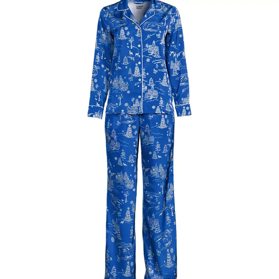 Women's Satin 2 Piece Pajama Set - Long Sleeve Top and Wide Leg Pants