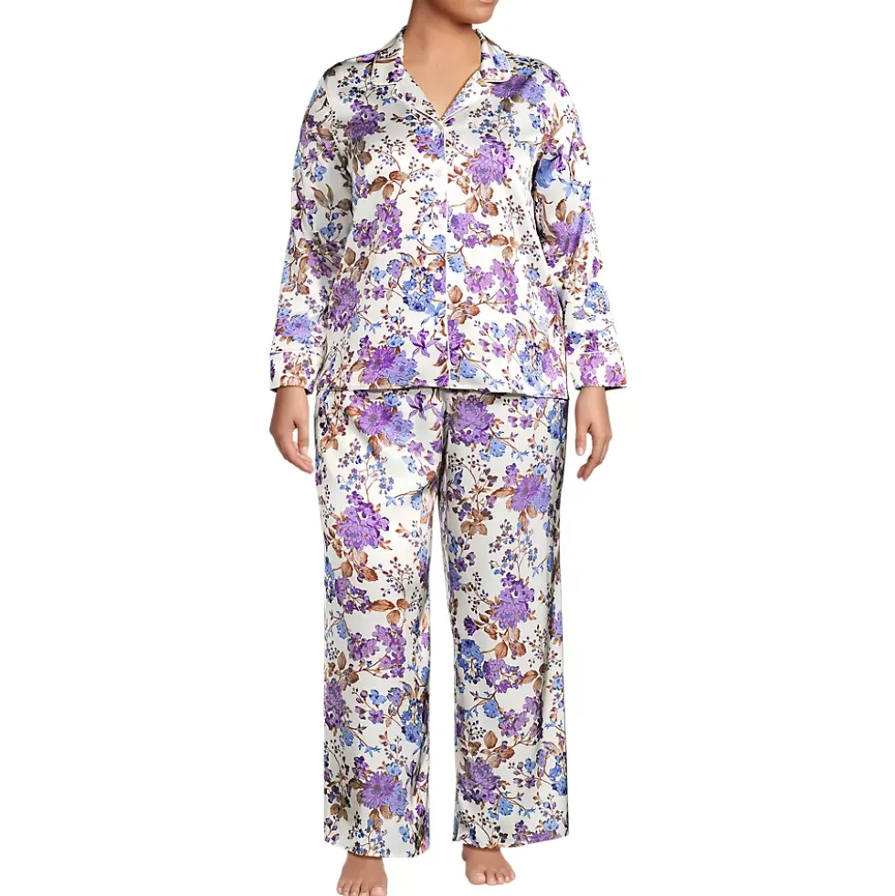Women's Satin 2 Piece Pajama Set - Long Sleeve Top and Wide Leg Pants