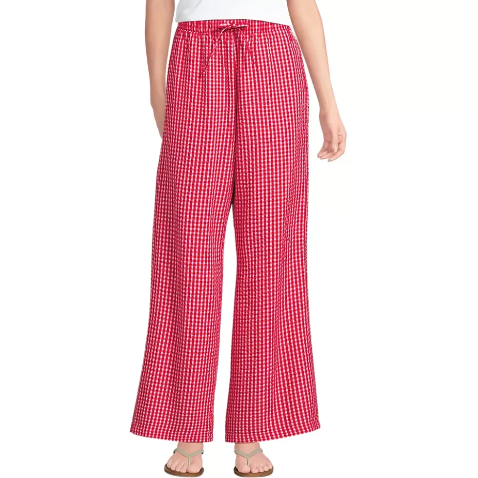 Women's Seersucker High Rise Drawstring Wide Leg Pants