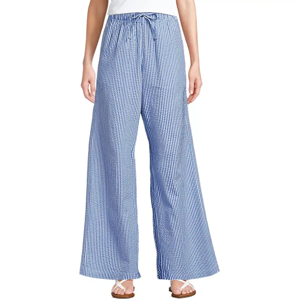 Women's Seersucker High Rise Drawstring Wide Leg Pants