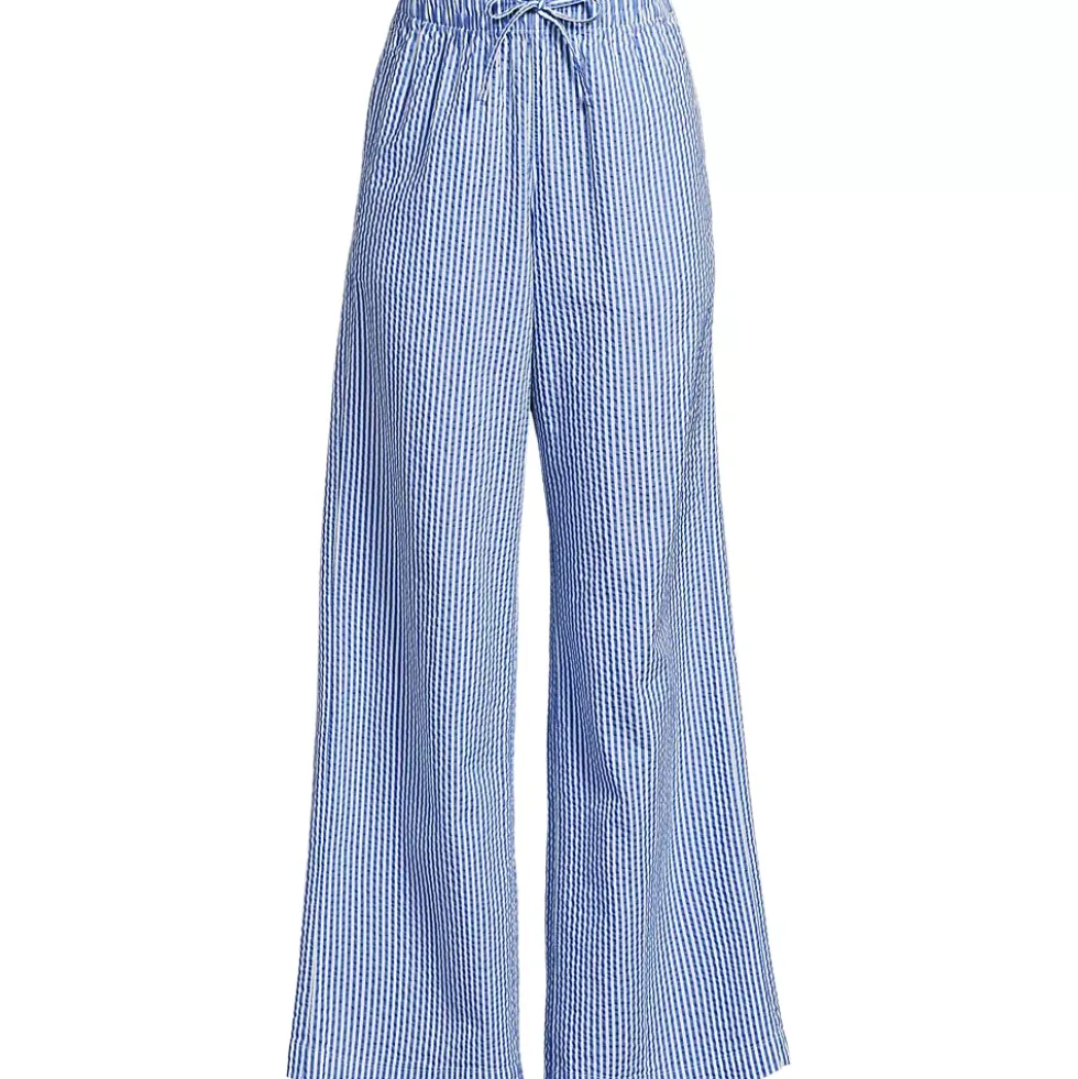 Women's Seersucker High Rise Drawstring Wide Leg Pants