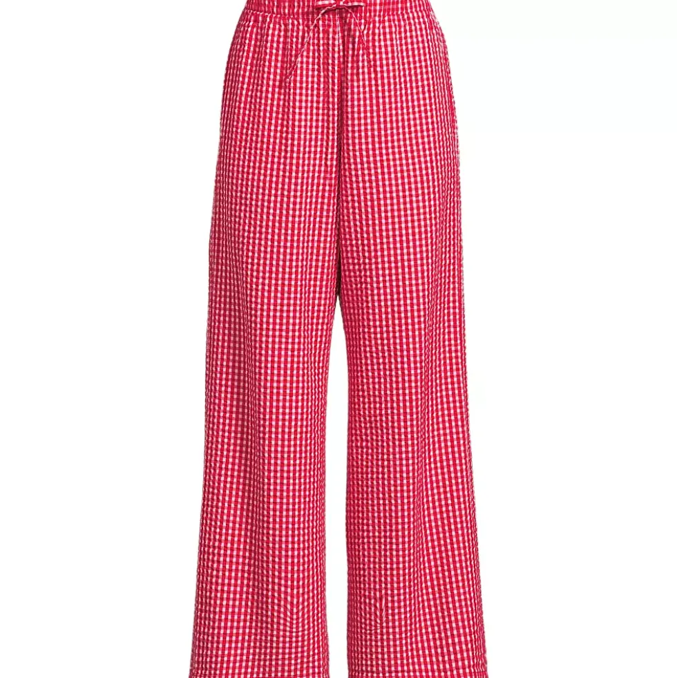 Women's Seersucker High Rise Drawstring Wide Leg Pants
