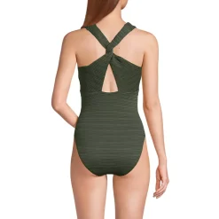 Women's Seersucker Plunge Twist Back Ultra High Leg One Piece Swimsuit