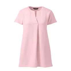 Women's Seersucker Short Sleeve Notch Neck Tunic Top