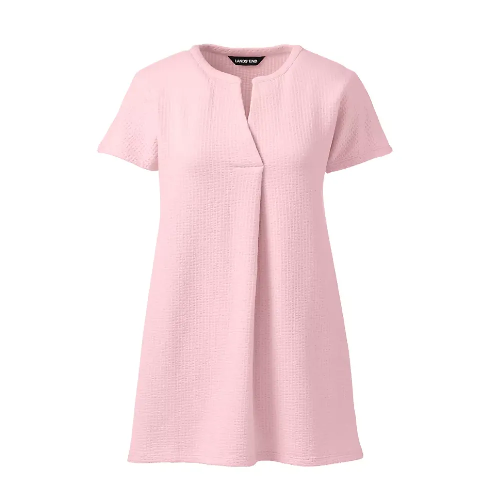 Women's Seersucker Short Sleeve Notch Neck Tunic Top