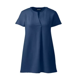 Women's Seersucker Short Sleeve Notch Neck Tunic Top