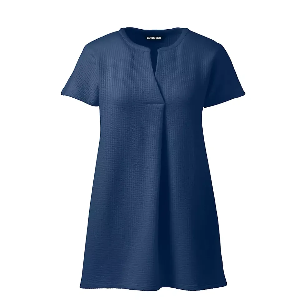 Women's Seersucker Short Sleeve Notch Neck Tunic Top