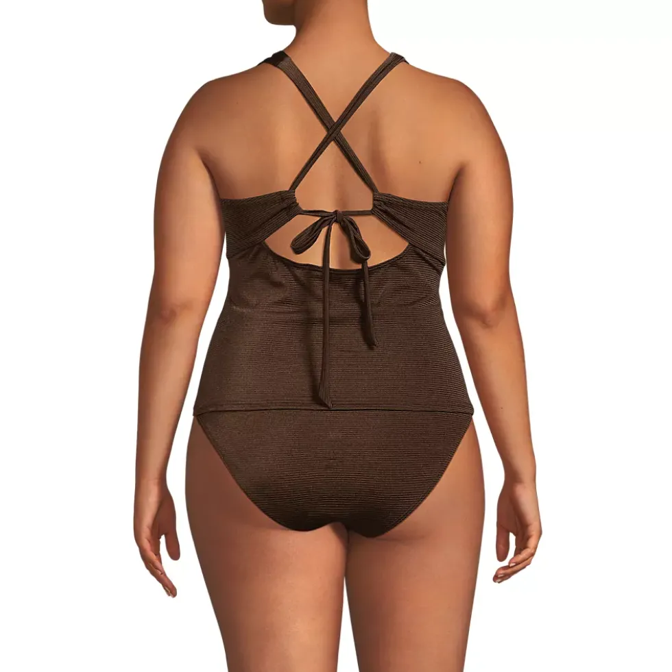 Women's Shine Ribbed Tankini Top and High Waisted Bottom Swimsuit Set