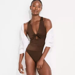 Women's Shine Ribbed Tankini Top and High Waisted Bottom Swimsuit Set