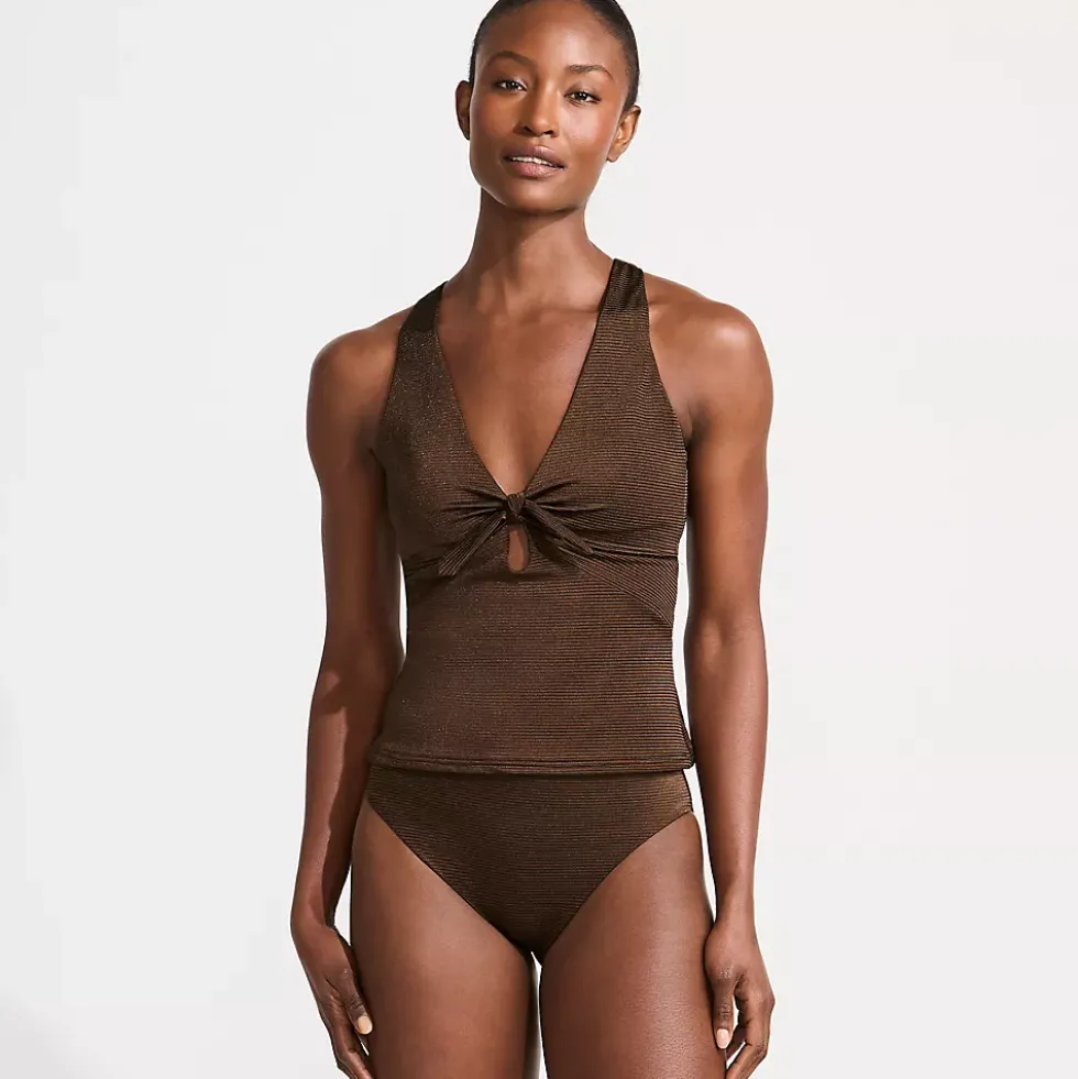 Women's Shine Ribbed Tankini Top and High Waisted Bottom Swimsuit Set