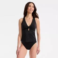 Women's Shine Ribbed Tankini Top and High Waisted Bottom Swimsuit Set