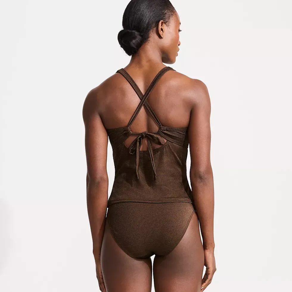 Women's Shine Ribbed Tankini Top and High Waisted Bottom Swimsuit Set