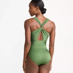 Women's Shine Ribbed Twist Back High Leg One Piece Swimsuit