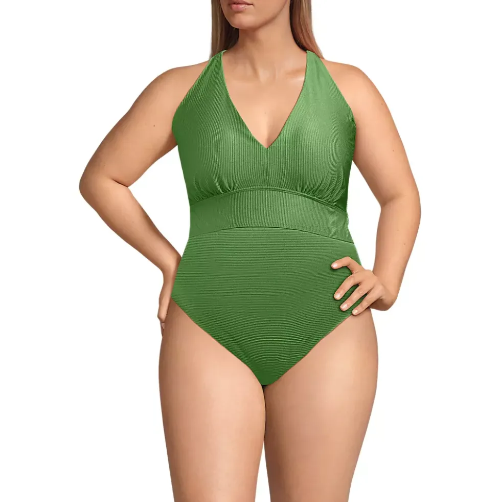 Women's Shine Ribbed Twist Back High Leg One Piece Swimsuit