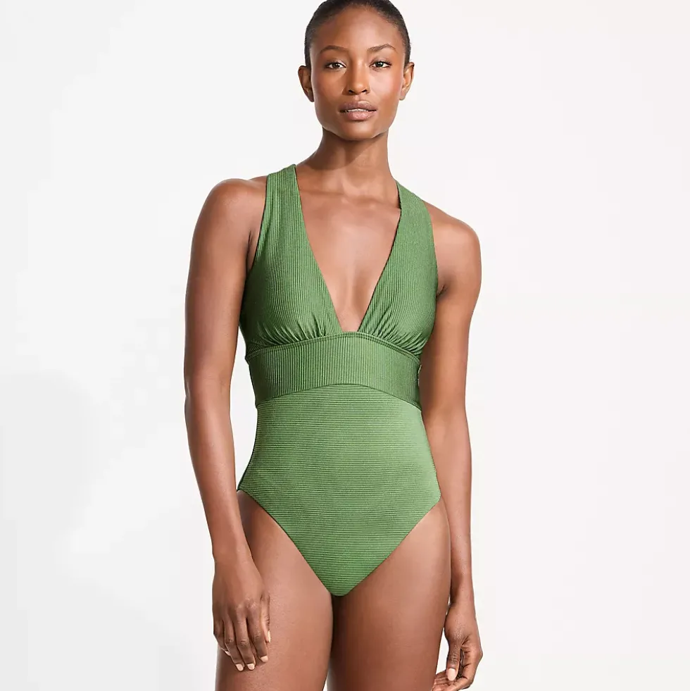 Women's Shine Ribbed Twist Back High Leg One Piece Swimsuit