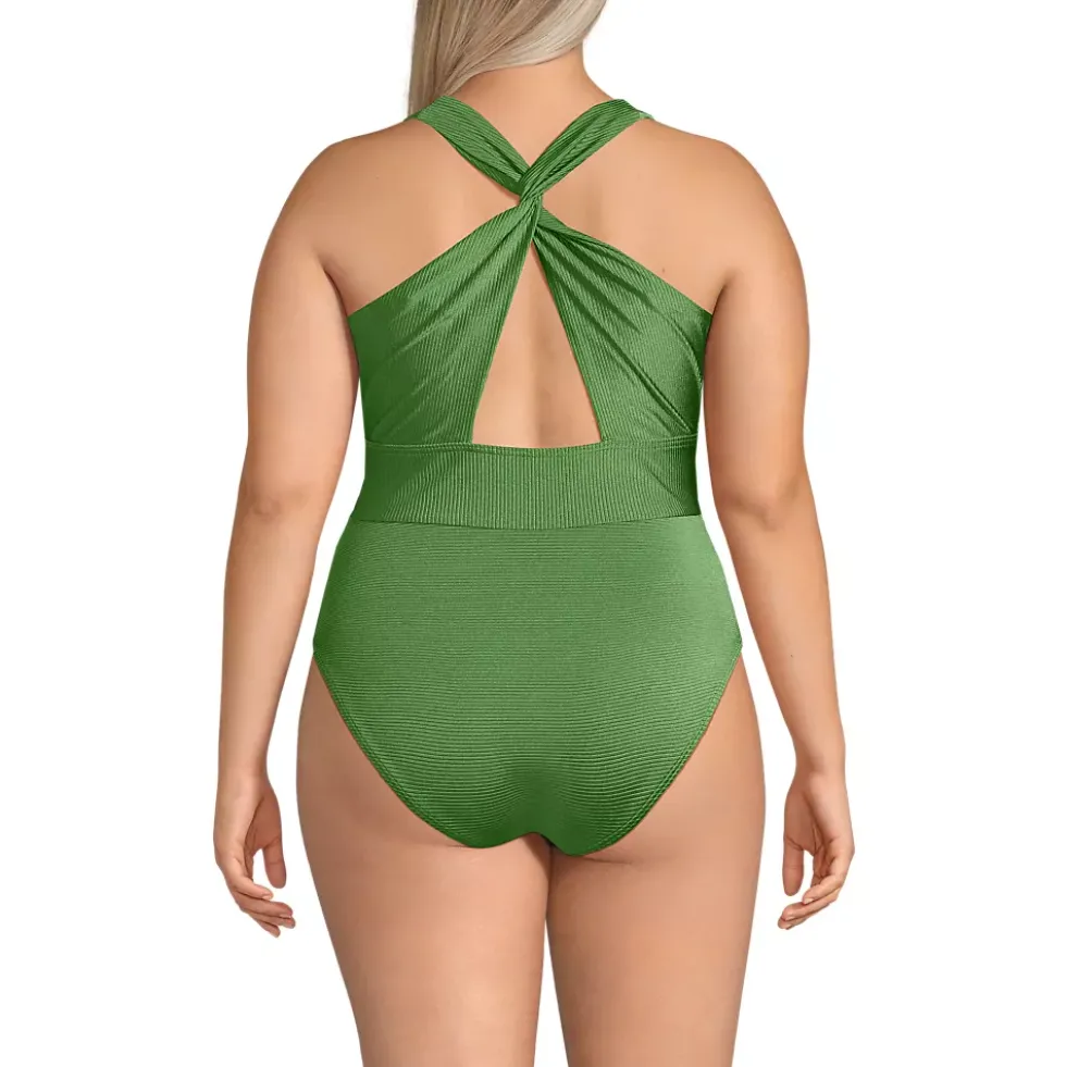 Women's Shine Ribbed Twist Back High Leg One Piece Swimsuit