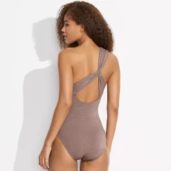 Women's Shine Shirred One Shoulder High Leg One Piece Swimsuit